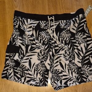 George Black and White Leaf Print Men's Swim Trunks
